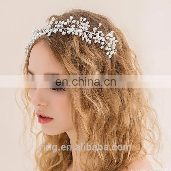 Crystal Pearl Hair Crown Tiaras Silver Leaves Headbands for Women photo-3