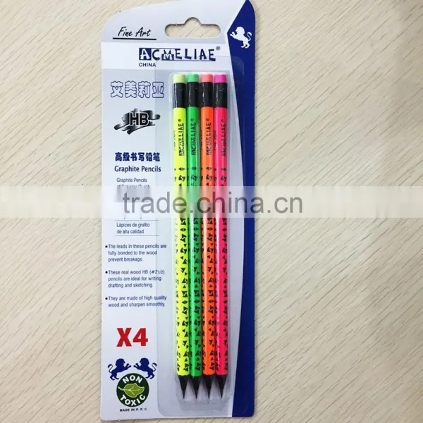 Standard Size Round Shape Black Wood Blister Card Neon HB Pencil With Heat Rolling Logo