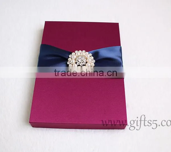 Custom Burgundy Wedding Invitation Boxes With Brooch in Handmade photo-5