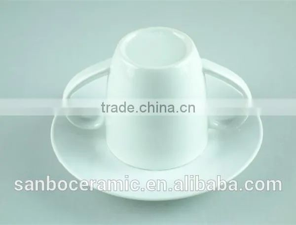 White Porcelain Cup Saucer Double Handles , Stock Cups Chaozhou Factory Sanbo photo-3