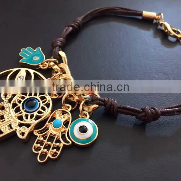 Gold Hamsa Hand Fatima Hand Evil Eye Charms Bracelet Wax Cord Bracelet photo-5