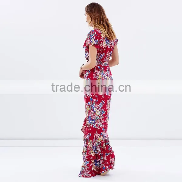 Bambi Bloom Floral Printed Short Sleeve Ruffled Maxi Wrap Dresses photo-3