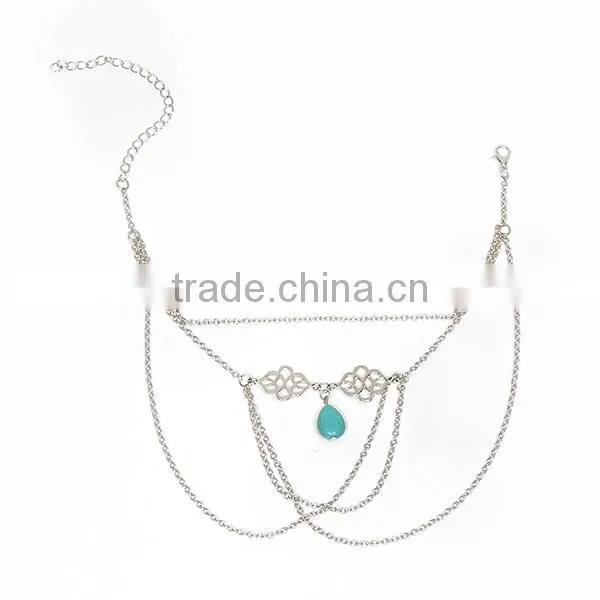 New Fashion Link Cable Chain Silver Tone Hollow Pattern Carved Connector With Turquoise Drop Pendant Body Arm Chain Necklace photo-3