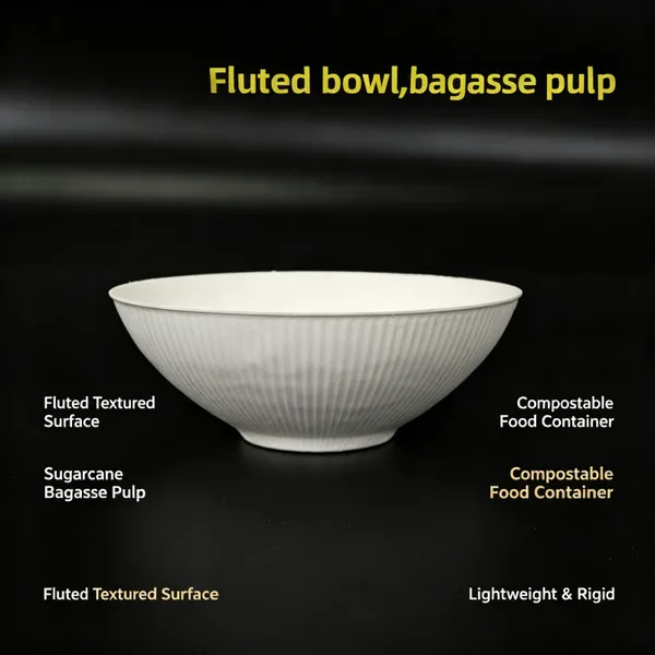 Bol à texture cannelée en pulpe de bagasse 100% naturelle, 850 ml, compostable, biodégradable, compatible avec le micro-ondes.