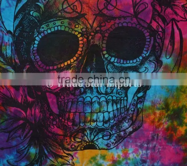 Hippie Twin Skull Tie & Dye Wall Art Boho Cotton Wall Hanging Home Decor Tapestry photo-3