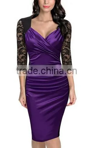 Women's Deep-V Neck Ruffles Floral Lace Fitted Retro Evening Pencil Dress photo-3