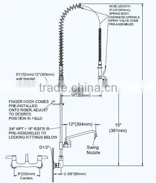 2016 8'' Wall Mounted Pre-rinse Unit With 12'' Swivel Spout&Wall Bracket,Tapered Thread Riser photo-3
