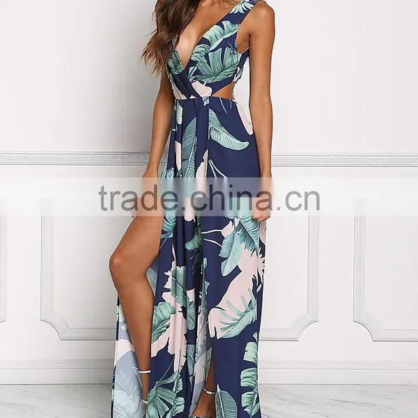 Navy Tie Back Leaf Print Women Maxi Long Party Dress Girls Without Dress Sex Picture HSd5187 photo-3
