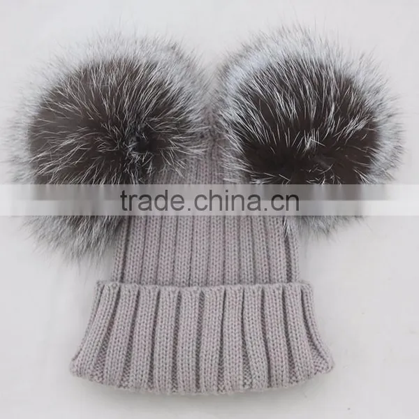 Myfur Royal Blue Man Winter Knitting Hat With Detachable Real Silver Fox Fur Balls photo-4