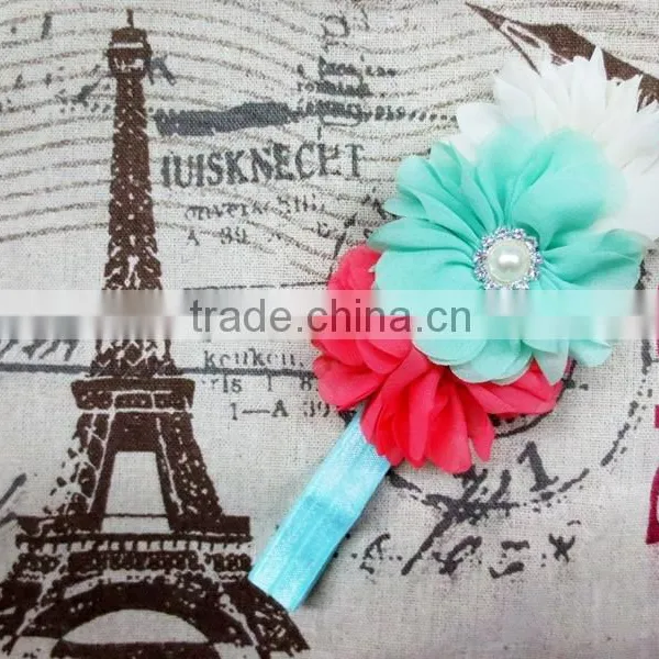 NEW ARRIVAL Baby Chiffon Flower Headbands Elastic, Pearl Headband Rhinestoned photo-2