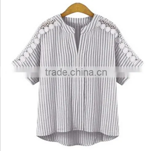 European Station 2017 New Large Size Women's Striped Shirt Stitching Short-sleeved T-shirt Cotton and Linen Jacket photo-3