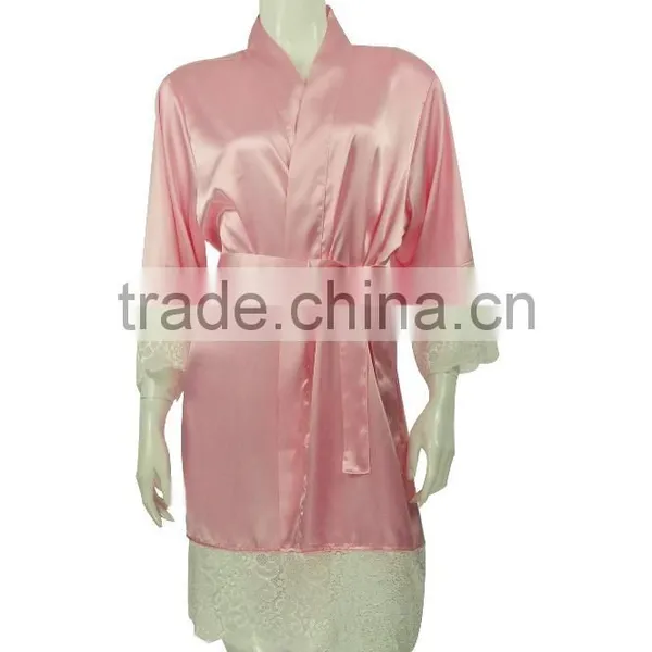 Women's Sexy Satin Short Kimono Robe-Lace Trim photo-2