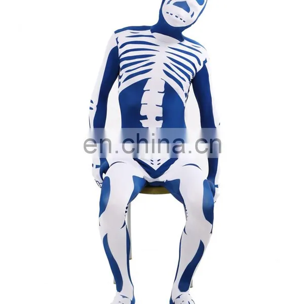 Blue & White Skeleton Nude Suit Tight Zentai Body Spandex Stretch Mens Jumpsuit Adult photo-3