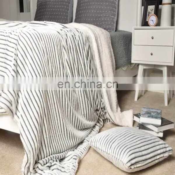 March New Products Striped Super Fluffy Reversible Sherpa Throw Grey Blanket for Your Living Room and Bedroom photo-5
