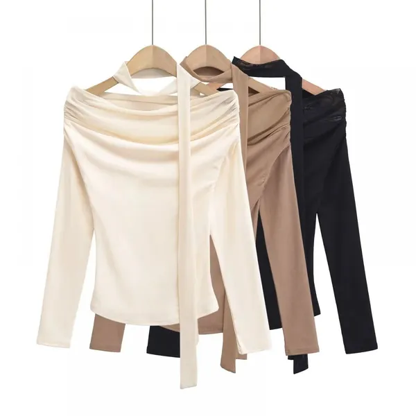 Design-sense Pure Seductive Hot Girl Style Pleated Off-the-shoulder Long-sleeved Top for Women, Spring and Autumn, With Ribbon and Mesh Spliced-in for a Slimming Effect. photo-4