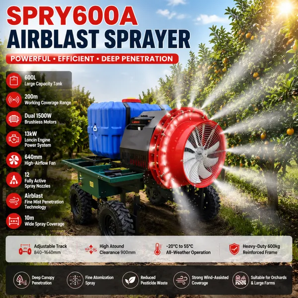 Heavy Duty 600L Orchard Sprayer Machine with Remote Operation High Power Airflow System for Vineyard Farm SPRY600A