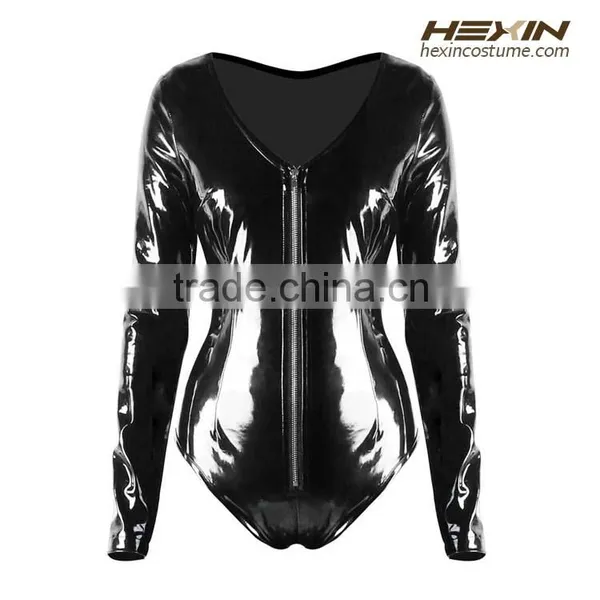 Top Sale High Quality Trendy Sexy Black Wet Look Long Sleeve Leather Bodysuit
