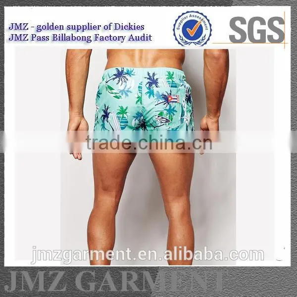 JMZ Wholesale OEM Swim Pants for Men Polyester Swimwear Creat Your Own Blue Palm Tree Design New 2015 Low Moq photo-3