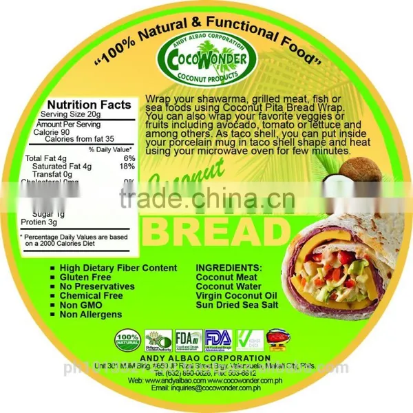Healthy COCONUT PITA BREAD, Vegan, Gluten Free, 100% Natural & Non GMO
