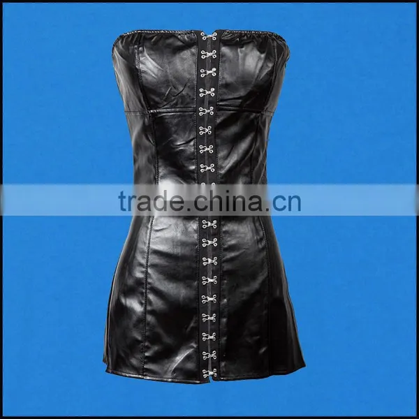 Black Faux Leather Sexy Gothic Corset Dress Front Hasp Strapless Sheath Dresses PVC Club Dress Erotic Women Fashion Dancewear photo-3