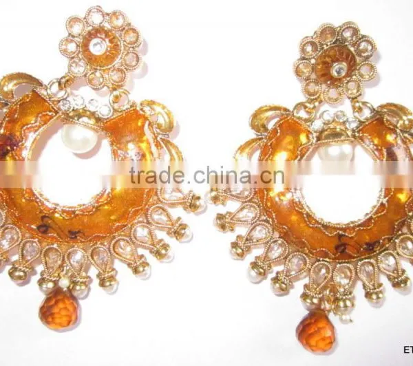 Bollywood Enamel Polki Gold Tone Dangler EARRINGS photo-3