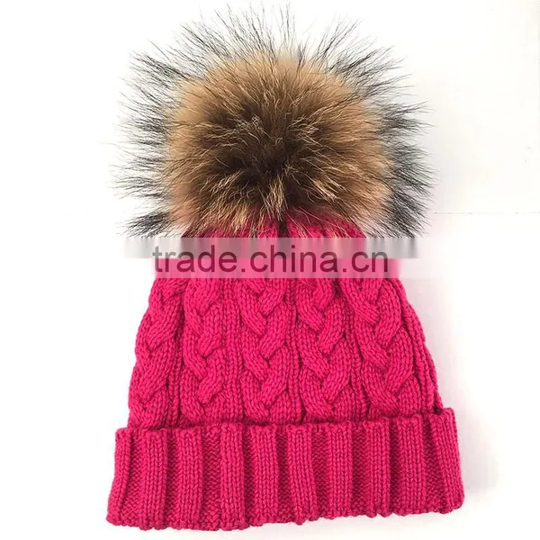 Myfur Hot Pink Knitting Hat With Real Genuine Raccoon Fur Bobble photo-2