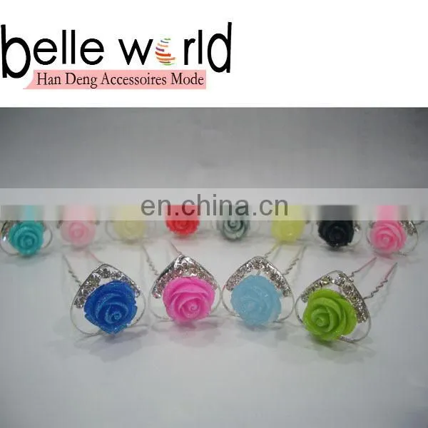 Multicoloured Rose Hair Pin Stick Shiny Hair Fork With Stone