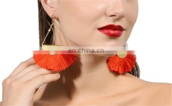 Fashion Women Vintage Geometric Fan - Shaped Cotton Tassel Dangle Ear Stud Earrings photo-5