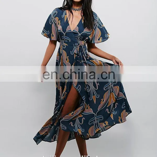 High Quality Deep v Neck Maxi Wrap Dress Lady, Long Print Wrap Dress photo-3