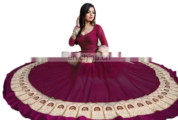 Women Maroon Color Floor Length Anarkali Style Semi Stitched Dress Material 2017 (anarkali Dresses) photo-3