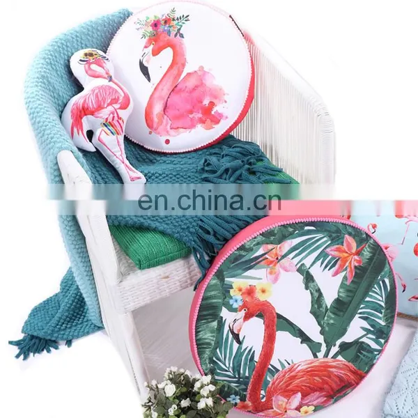 China Supply Custom High Quality T-spun Round Shape Flamingo Toucan Print Pillow Seat Cushion photo-6