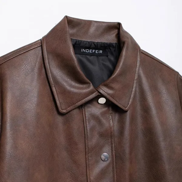 New Women's Vintage Loose Casual Long-sleeved Pocketed Faux Leather Blazer With Collar. photo-4