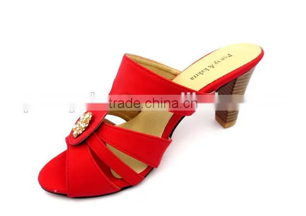 Latest High Heel PU Leather Wood Heel Office Lady Slipper With Golden Button photo-4