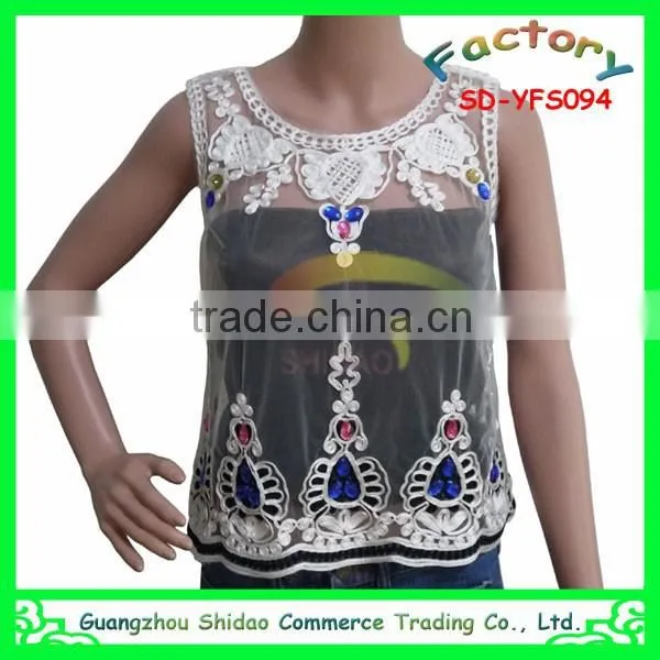 New Fashion Korean Style Women Sleeveless Lace Elegant Blouse Design Organza Embroidery Tank Top for Women Blouse photo-3