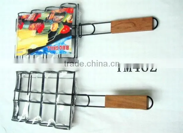 BBQ grill net- fish Grilling Basket Folding for Roast BBQ Barbecue with Wood handle