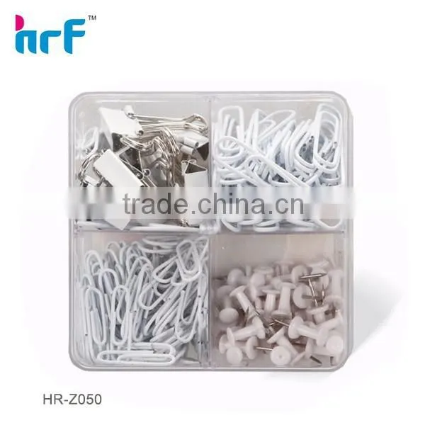 White Paper Clip Set With Push Pins and Binder Clip