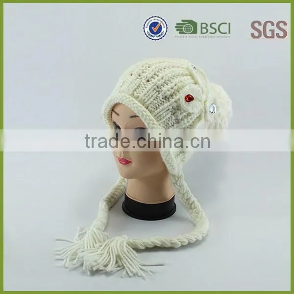 Girl's Knitted Custom Cable Knit Beanie Hat With Flower photo-2