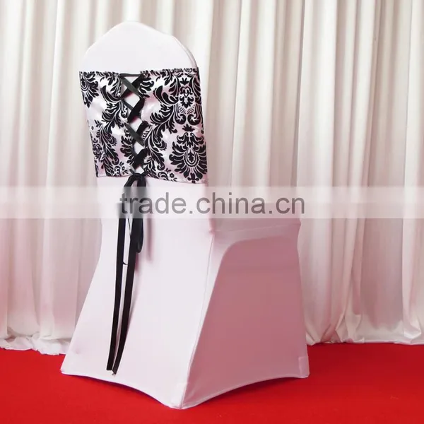 White & Black Flocking Taffeta Chair Sash/Band With Tie/Tape/Ribbon at Back
