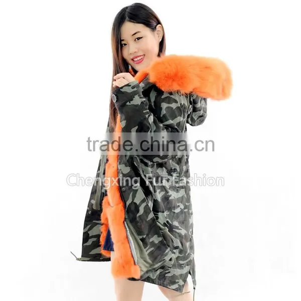 CX-G-P-03B Fashionable Women Winter Real Rex Rabbit Fur Lined 2016 New Latest Ladies Fox Fur Hooded Wholesale Parka Jacket photo-3