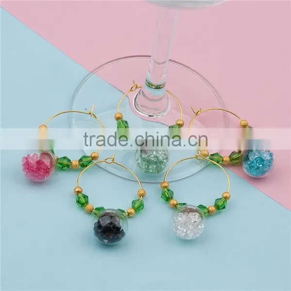 Gold Plated Green Faceted Bottle Round At Random Rhinestone Wine Glass Charm Rings photo-2
