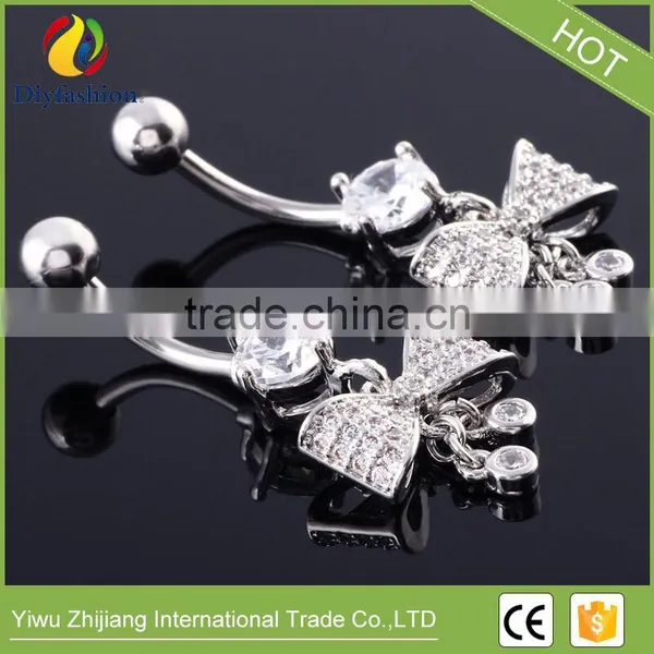 Stainless Steel Big CZ Bowknot Long Navel Ring photo-4