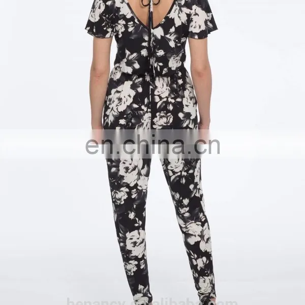 Latest Custom Printed Casual Jumpsuit Lily Floral Printed Sleeveless V Neck Jumpsuit photo-5