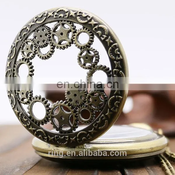 Yiwu Factory Bronze Hollow Gears Quartz Pocket Watch With Necklace Best Wedding Gift photo-3