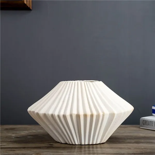 Pleated Battle Frosted White Geometry Three-Piece Ceramic Vase For Soft Decoration photo-2