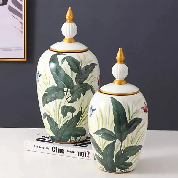 Modern Simple Style Zerba Flower Grass Painting Lidded Ceramic Vases For Home Table Decoration photo-5