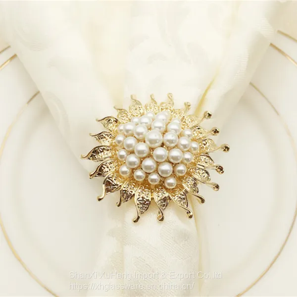 Hot Selling Shiny Gold Pearl Beaded Round Sun Flower Napkin Ring photo-3