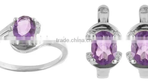 925 Sterling Silver Natural Amethyst Ring Earring Set