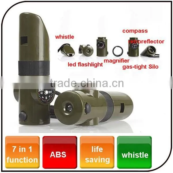 Outdoor 7 in 1 Emergency Plastic Lifesaving Flashlight Whistle Compass Survival Whistle With Led Flashlight