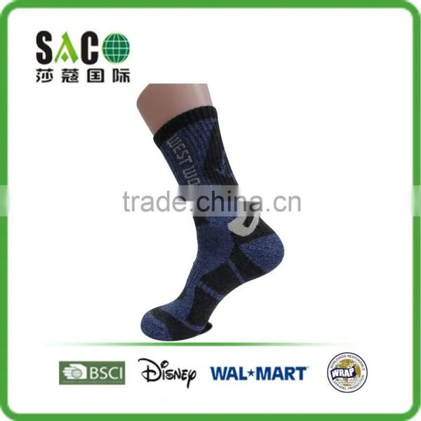 Blue and Black Yarn Doubling West Wood Words Pattern Cotton Sports Socks photo-4