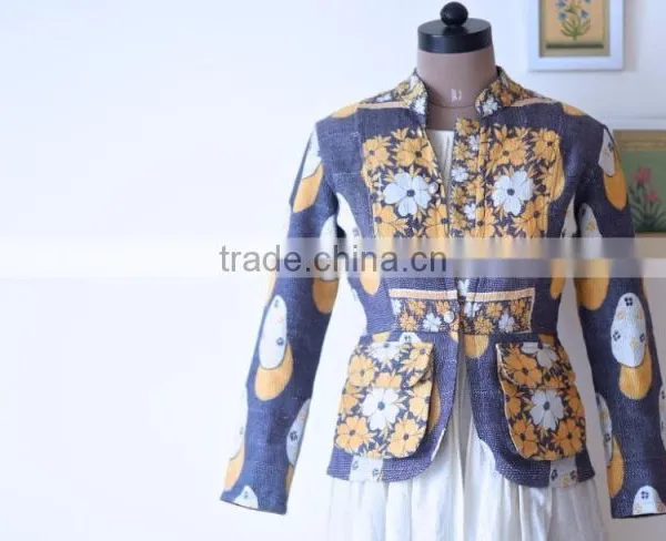 Denim Jacket in Kediyu Style With Vintage Kantha Fabric ~ Medium photo-2